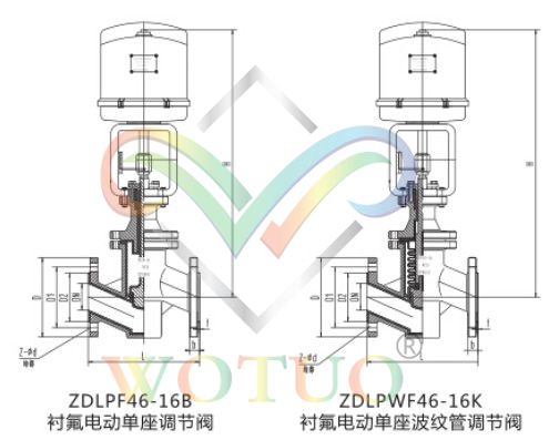 衬氟电动单座调节阀结构尺寸示意图